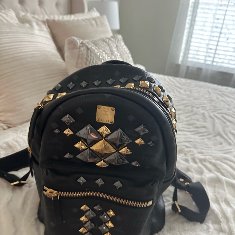 Authentic MCM Black Backpack with Gold Studs - Picture 6 of 17